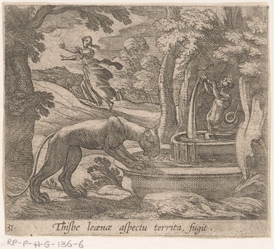 Thisbe vlucht voor de leeuwin bij de bron door Antonio Tempesta