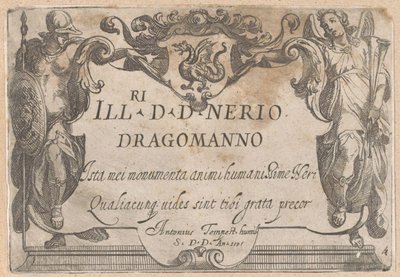 Titelprent met cartouche met opdracht, geflankeerd door Minerva en Faam door Antonio Tempesta