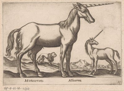 Twee eenhoorns en een leeuw door Antonio Tempesta
