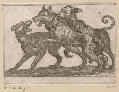 Twee honden in gevecht met een wolf door Antonio Tempesta