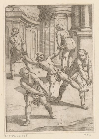 Vier mannen trekken aan ledematen van heilige door Antonio Tempesta