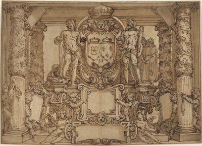 Een architectonisch wandontwerp ter ere van Hendrik IV, de Gallische Hercules door Antonio Tempesta or Agostino Ciampelli