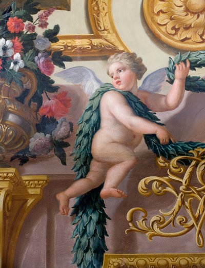 Detail van een muurschildering, met een cherubijn die een lauwerkrans en guirlande vasthoudt, De Banketzaal door Antonio Verrio