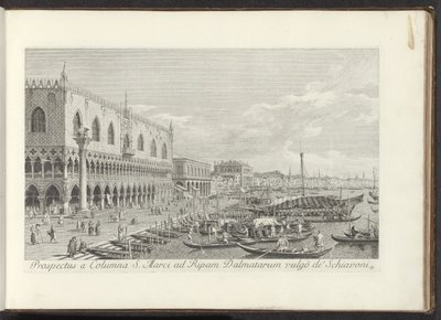 Hoek van het San Marcoplein met het Dogepaleis en de zuil met de Leeuw van Venetië door Antonio Visentini