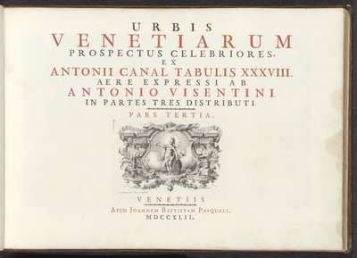 Titelprent met een naakte vrouwenfiguur met schild, helm en boek door Antonio Visentini