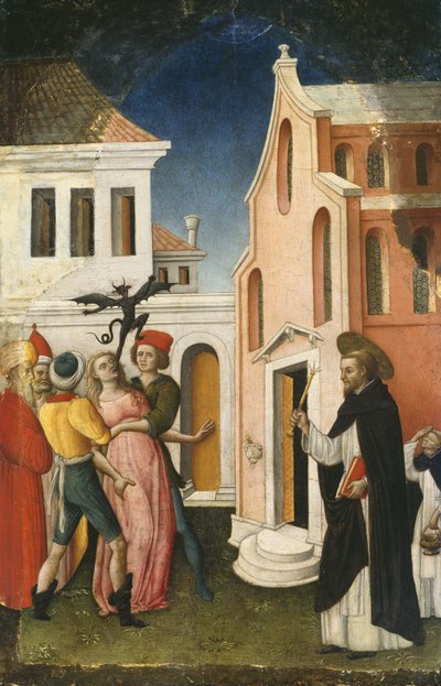 Sint Petrus Martelaar die een door een duivel bezeten vrouw uitdrijft door Antonio Vivarini