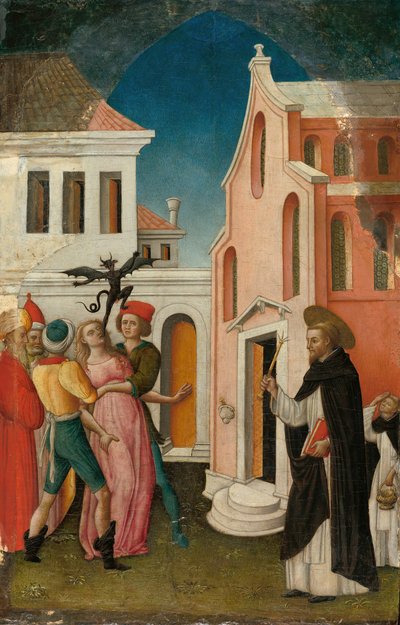 Sint Petrus Martelaar die een door een duivel bezeten vrouw uitdrijft door Antonio Vivarini