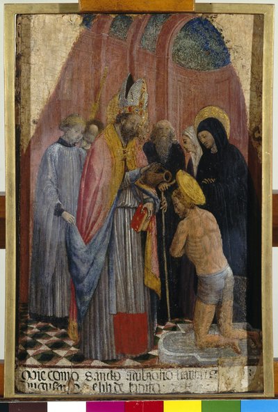 Sint Ambrosius doopt Sint Augustinus, ca. 1441 door Antonio Vivarini