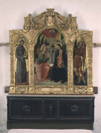 De annunciatie met SS. Franciscus en Michaël door Antonio Vivarini