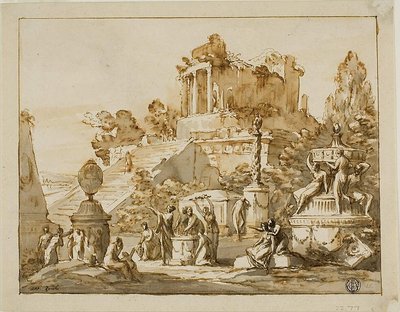 Klassiek landschap met verwoeste tempel op heuvel, vrouwenfiguren eronder door Antonio Zucchi