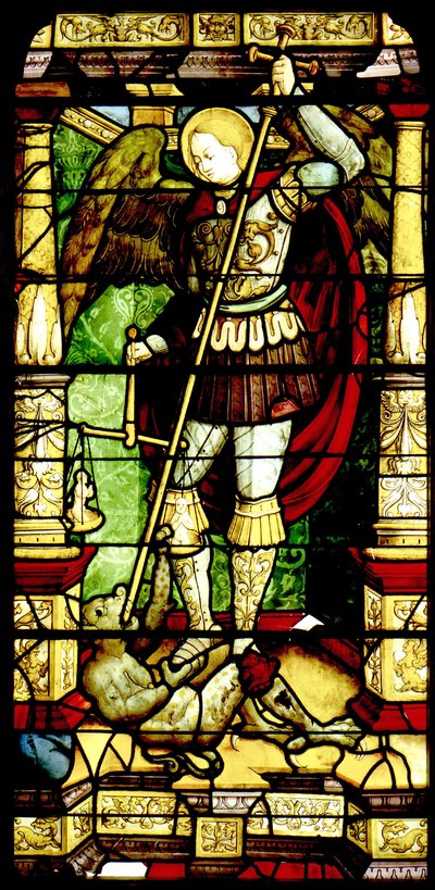 Glas-in-lood met St. Michael die zielen weegt door Antonio da Pandino
