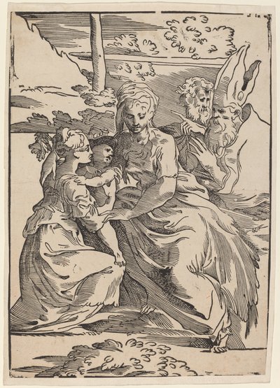 De Heilige Familie met twee heiligen door Antonio da Trento