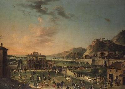 Een capriccio panorama van de reis van Karel III Koning van de Twee Siciliën, van zijn villa in Portici naar het Palazzo Farnese in Rome door Antonio de dipi (attr. to) Joli