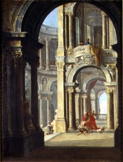 Een Capriccio van een Barok Paleis met de Terugkeer van de Verloren Zoon door Antonio de dipi (circle of) Joli
