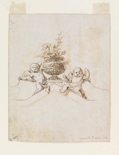 Twee Putti naast een Vaas met Bloemen door Antonio di Dominici
