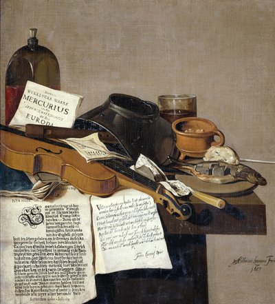 Stilleven met Pamfletten, een Viool, Fluit, Voedsel en Pamfletten door Antonius Leemans