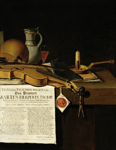 Vanitas stilleven eerbetoon aan admiraal Marten Herpertszwoon Tromp, 1655 door Antonius Leemans