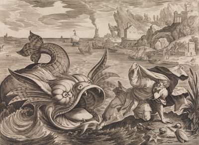 Jona aan land gezet door de vis door Antonius Wierix