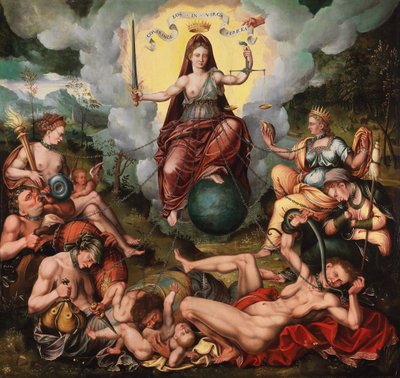 Justitia overwint de Zeven Hoofdzonden, ca. 1600 door Antoon Claeissens