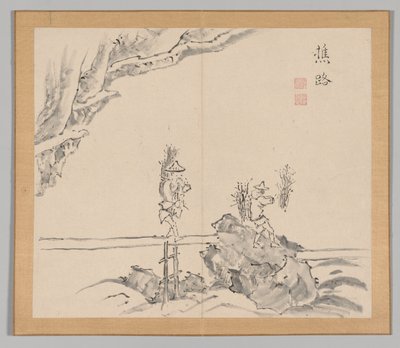 Dubbel album van landschapsstudies na Ikeno Taiga, Volume 1 blad 32, 18e eeuw door Aoki Shukuya