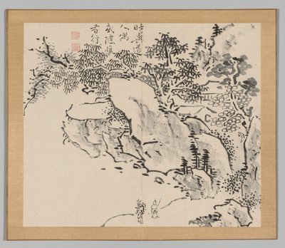 Dubbel album van landschapsstudies na Ikeno Taiga, Volume 2 blad 34, 18e eeuw door Aoki Shukuya