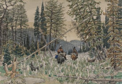 Jagers te paard in een dennenbos door Apollinari Mikhailovich Vasnetsov
