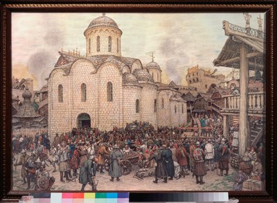 De invasie van Moskou door Khan Tokhtamysj in 1382 door Apollinari Mikhailovich Vasnetsov