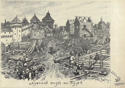 Lubyanoi Rynok Houtmarkt op het Truba Trubnaya-plein in Moskou, begin jaren 1920 door Apollinari Mikhailovich Vasnetsov