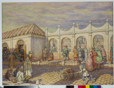 Straatscène op de stenen brug (brug van alle Heiligen) in Moskou ten tijde van Peter de Grote door Apollinari Mikhailovich Vasnetsov