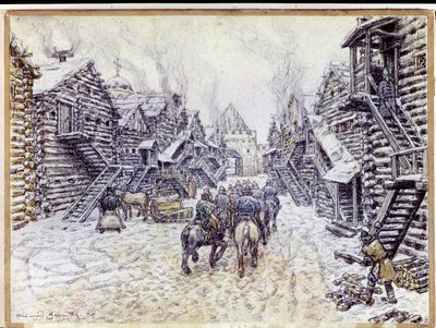 Oud Moskou. Traditionele houten architectuur onder de sneeuw door Apollinari Mikhailovich Vasnetsov
