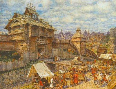 Houten stad Moskou in de 14e eeuw door Apollinari Mikhailovich Vasnetsov