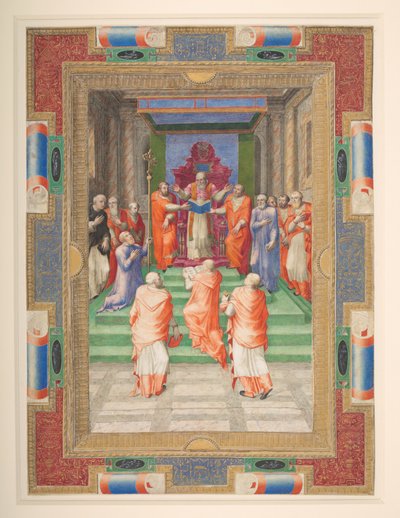 Een pauselijke ceremonie, Paul IV staat voor de pauselijke troon, Add. MS 35254 Q, ca. 1555-59 door Apollonio di Bonfratelli