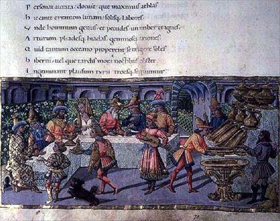 Ms 492 f.75 Banketscène, uit de Aeneis door Apollonio di Giovanni di Tommaso