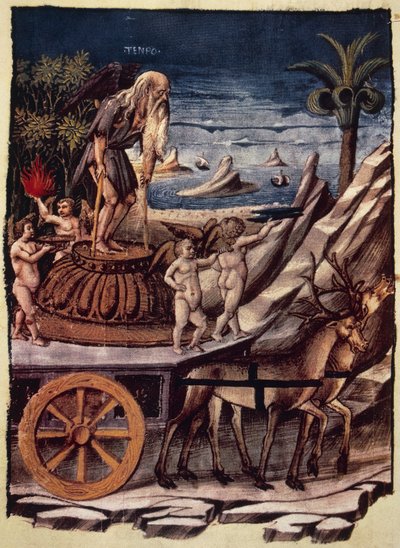 De triomf van de Tijd, de wagen van de Tijd getrokken door herten, miniatuur door Apollonio di Giovanni (1415 of 1417-ca 1465) uit Triomfen, allegorisch gedicht door Francesco Petrarca (1304-1374), manuscript 1129, folio 42, verso, Italië door Apollonio di Giovanni di Tommaso