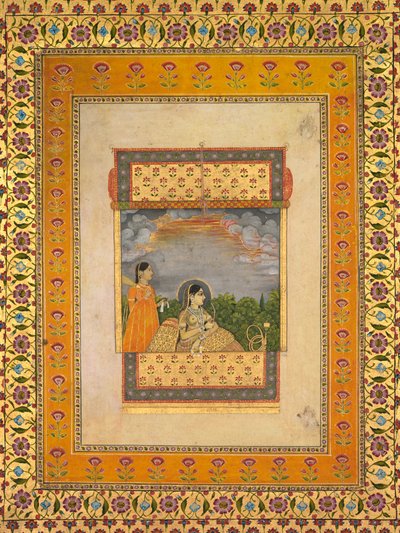 Prinses en bediende in trompe l’oeil raam door Aqil Khan