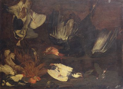 Een dode kalkoen, duiven, een haan en andere vogels op een rotsachtige oever door Arcangelo Resani