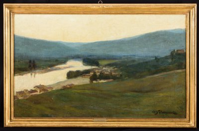 Toscaans Landschap met Rivier door Arcangelo Salvarani