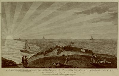 Een groep soldaten rust op een heuvel in de voorgrond, met Fort Royal daarachter, zeilschepen en de zon die ondergaat in de zee op de achtergrond door Archibald (after) Campbell