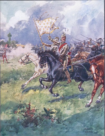 Duizend ridders dringen dicht achteraan, illustratie uit Ballads of Famous Fights, ca. 1900 door Archibald Webb