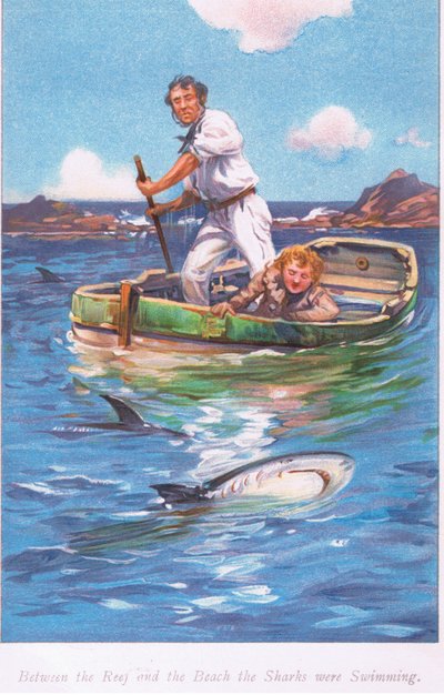 Tussen het rif en het strand zwommen de haaien door Archibald Webb