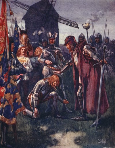 De Prins knielt nederig voor zijn Vader: Het is zijn strijd - geheel de zijne! uit Ballads of Famous Fights, Eerste Editie, 1920 door Archibald Webb