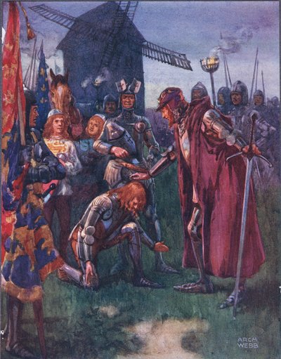 De prins knielt nederig voor zijn vader: Het is zijn strijd - geheel de zijne! illustratie uit Ballads of Famous Fights, ca. 1900 door Archibald Webb