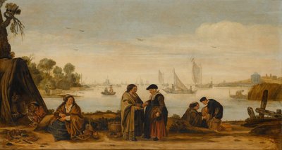 Rivierlandschap met handlezende vrouwen door Arent Arentsz