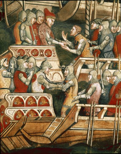 Zeeslag bij Punta Salvore in de Golf van Triëst. Detail van de uitwisseling van gijzelaars (fresco) door Aretino Luca Spinello or Spinelli