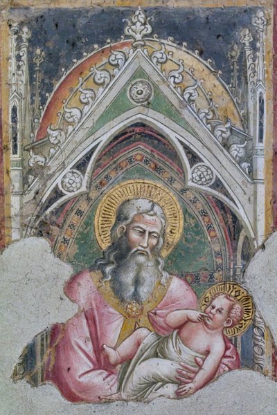 San Simeon houdt het kindje Jezus in zijn armen volgens de vertelling van het Evangelie van Lucas (fresco) door Aretino Luca Spinello or Spinelli