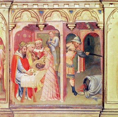 Het martelaarschap van St. Johannes de Doper, predellapaneel van St. Nemesius en St. Johannes de Doper door Aretino Luca Spinello or Spinelli