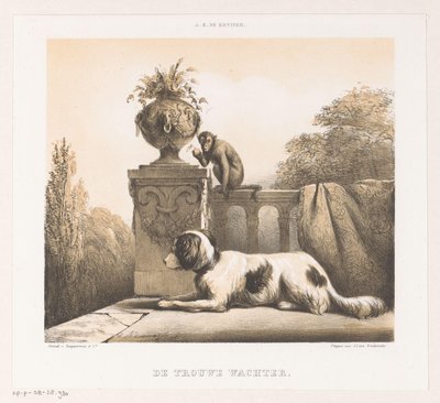 Hond en aap op terras door Arie Ketting de Koningh