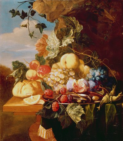 Stilleven met fruit en bloemen door Arie de Vois