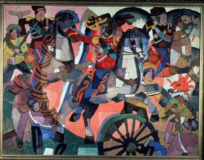 Slag van de overwinning. Slagveldscène, expressief en kleurrijk, gewapende soldaten, ruiters die aanvallen, kanonwiel en explosies en gevallen soldaten. Schilderij van Aristarkh Vasilyevich Lentulov (1882-1943), olieverf op doek, 191 door Aristarkh Vasilievic Lentulov