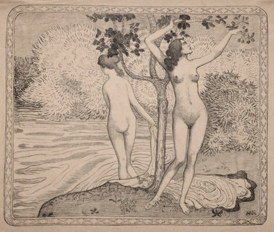 Twee baders onder een boom aan de waterkant door Aristide Maillol